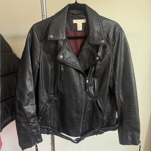 H&M Black Leather Moto Jacket with Burgundy Lining